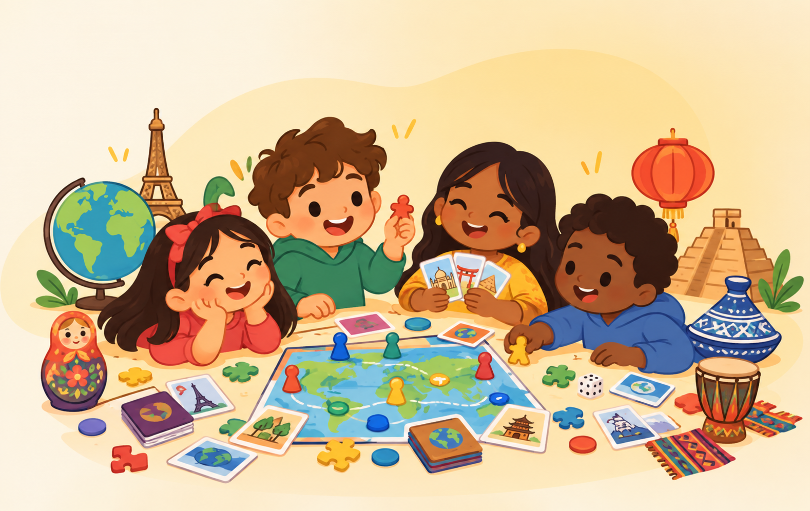 Smiling children exploring culture and the world through a board game